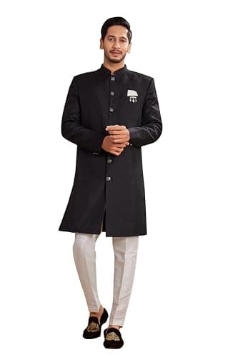 Shreyanvi Indian Designer Wedding Festive Wear Solid Poly Viscose Blend Indo-Western Sherwani Pajama Set For Men