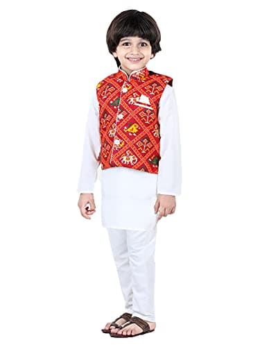 BownBee Kids Cotton Kurta Pyjama Set with Silk Waistcoat (Nehru Jacket) for Boys Ethnic 3 Piece Traditional Wear Set Indian Style Wedding Dress for Kids White