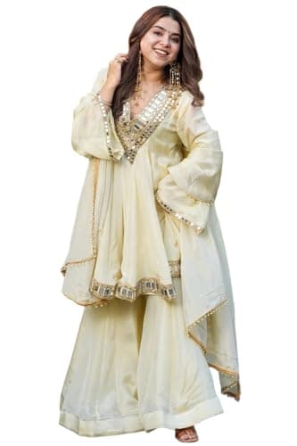 BE4ME.COM Designer Chinon Sharara Set for Women Mirror Work Kurta with Dupatta Ethnic Party Wear Dress (US, Alpha, Medium, Regular, Regular, Off White)
