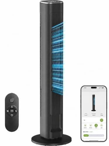 MORENTO Tower Fan for Bedroom, 2026 Upgraded 90° Oscillating Standing Fan with 4 Speeds, 4 Modes, 25ft/s High Speed Tower Fan with APP/Voice/Remote/Touch Control, 28dB, 12H Timer, Black 1Pack
