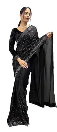 STELLACOUTURE Indian Silk One Minute ready to wear diamond work saree for Women with velvet blouse ST-048 (Black)