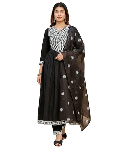 MAERIN Women Printed Anarkali Kurta Pant with Dupatta | Ethnic Flared Long Kurti | Soft Cotton & Casual Wear for Women (US, Alpha, Medium, Regular, Regular, Black)