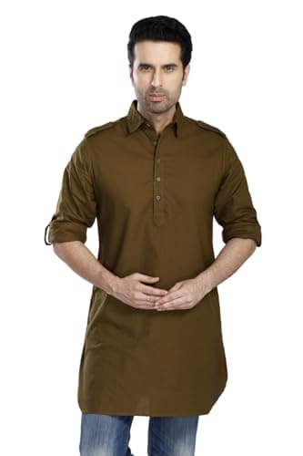 In-Sattva Men's Pullover Pathani Rollup Sleeve Kurta Tunic With Shoulder Strap; Olive Green; XL