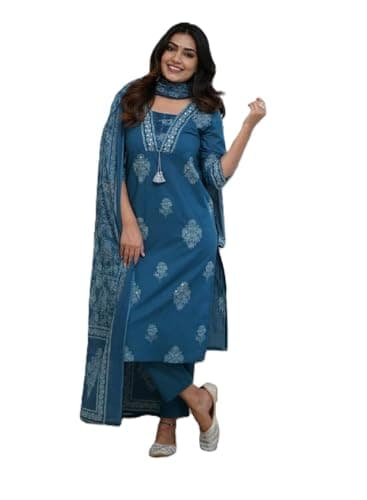 PARTHVI|Women's Pure Cotton Printed With Handwork Kurta with Pants and Dupatta Set | Ethnic Set | Suit Set | Kurta Set | Wedding Suit Set (US-1079-Blue-3XL)