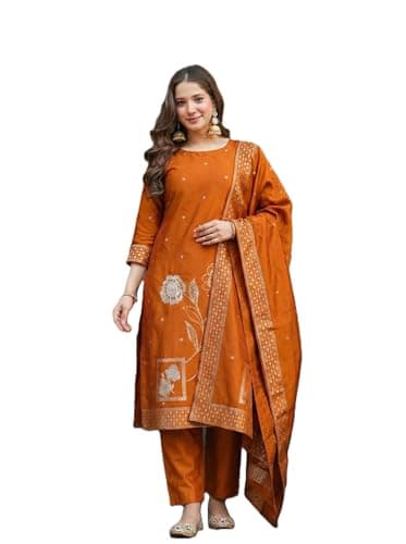 MOXTE Women's Jacquard Art Silk Round-Neck Straight Kurta with Palazzo & Dupatta Set (Orange, Medium)
