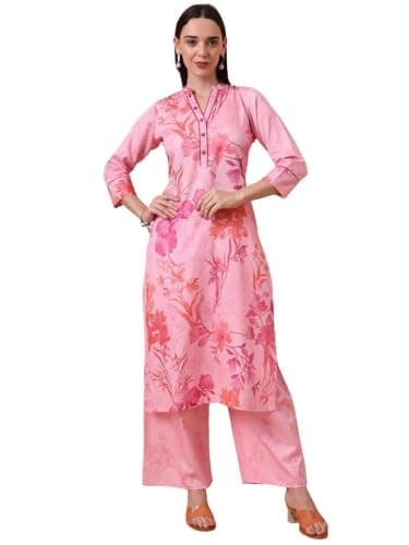 Tissu Women's Cotton Satin Pink Floral Printed Kurta with Palazzo (Tis-735_Pink_XS)