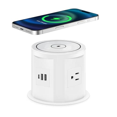 Pop Up Outlet for Countertop with 15w Wireless Charger, 4.7-Inch Pop Up Outlet with 4 Outlets and 2 USB-A, 1 USB-C, Pop Up Power Outlet for Kitchen Countertop, Conference Room, Study Room (White)