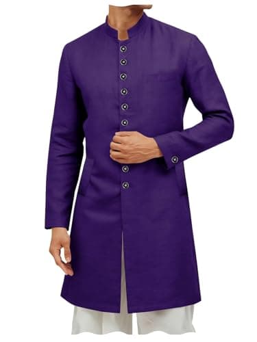 ONAXTDA Mens Linen Cotton Kurta Sherwani Coats Kaftan Long Jacket Mandarin Collar Indian Jodhpuri Achkan bhandgala Outfit Purple 6XL