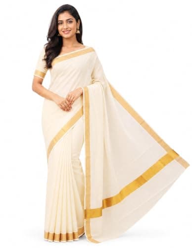 Fashily Women’s Kerala Off white cotton saree with running blouse | Traditional White Saree