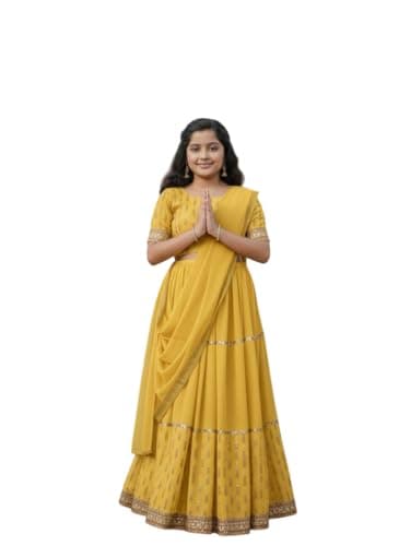 Indian Ethnic Kids Girls Lehenga Choli Dress Set, Georgette Fabric, Size 4 years to 12 years. (yellow, 10-12 years)