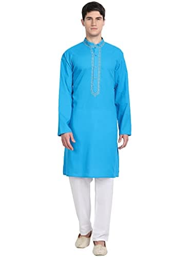 SKAVIJ Men's Pure Cotton Thread Work Kurta Pajama Set Woven Design Festive Party Dress (KP077turquoise_Turquoise_L)