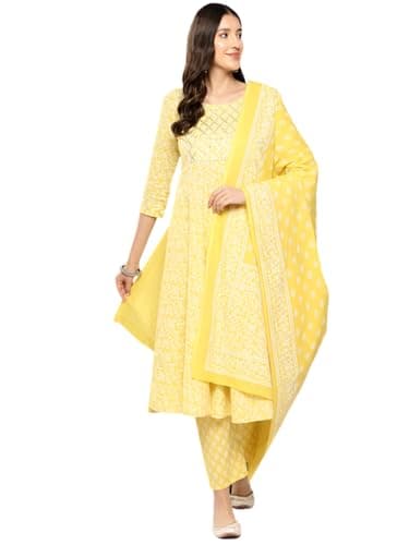 INDACORIFY Indian Printed Cotton Kurti Beautiful Floral Print Casual Dress With Pant Dupatta Set For Women's and Girls Suit (US, Alpha, 6X-Large, Regular, Regular, Yellow)