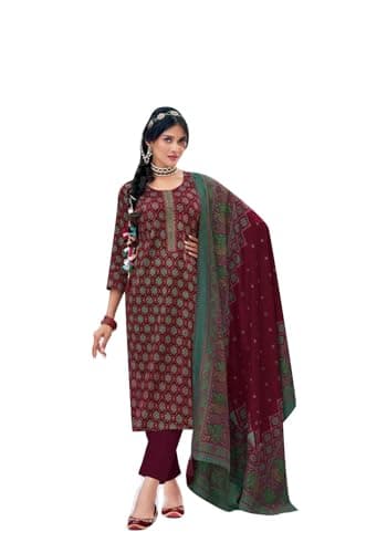 ladyline Jam Silk Printed Embroidered Salwar Kameez - Modal Dupatta Straight Kurta Pants Set (SPESK SKL1470) (40/ Maroon)