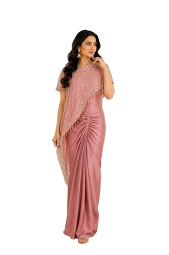 Women's Indo-Western Saree Set, Dusty Pink, Cape Top with, Festive Wear (Dusty Rose Pink, 38)