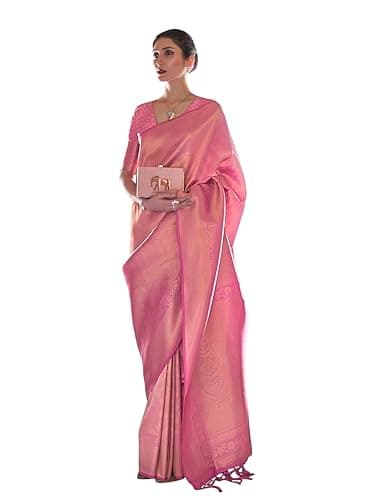 TRENDMALLS Women's Jaquard Silk Woven Zari Work Traditional Saree With Unstitch Blouse Piece (S77-Pink)
