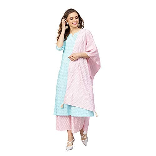 Idalia Women's Sky Blue and Baby Pink Khadi Gold Print Cotton Kurta Set with Dupatta