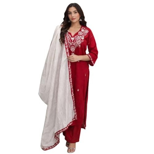 Women's Cotton Straight Kurta Pant Set with Dupatta | Embroidered Ethnic Kurta Set for Festive & Traditional Wear | Red | Medium