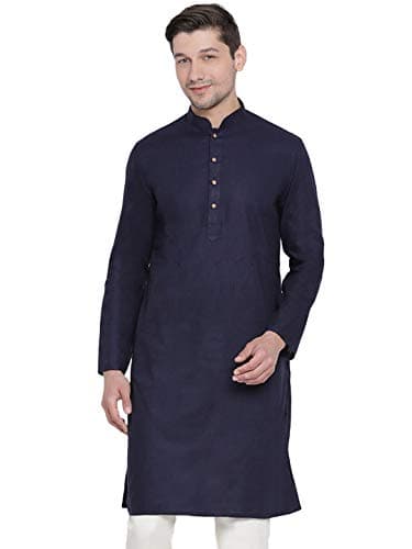 VASTRAMAY Men's Blue Cotton Linen Blend Kurta