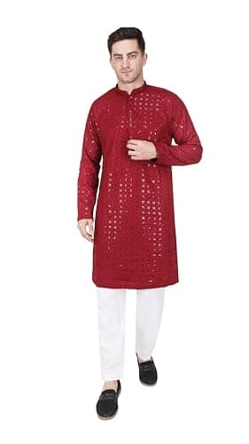 TRILOKI Mens Embroidered Sequined Kurta Pajama Set Rayon Ethnic Indian Traditional Wear Ethnic Diwali Puja Kurta Payjama Set