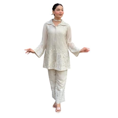 Womentus Women's Chikankari 2 Piece Set, White Indian Wear Tunic and Pants with Embroidery (US, Alpha, XX-Large, Regular, Regular, White)