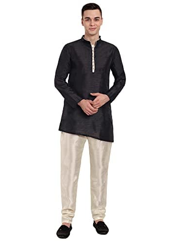 SKAVIJ Men's Art Silk Self Design Kurta Pajama Set Mandarin Collar 2-Piece Ethnic Festive Dress (KP071black_Black_XL)