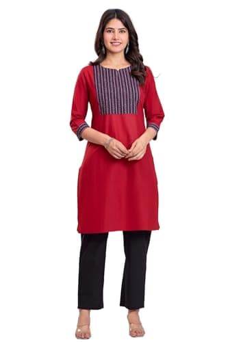 JG JAI GOVINDAM Women's Red Kurta Set with Printed Yoke – Cotton Blend 3/4 Sleeve Kurti – Indian Ethnic Suit for Office, Festive & Daily Wear (S)