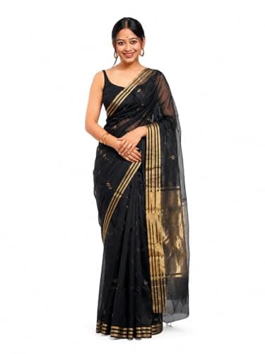 Women's Black Soft Linen Cotton Silk Saree with Golden Zari Border | Elegant Party Wear & Festive Ethnic Saree