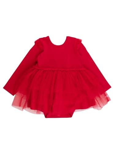 RuffleButts Baby Girls Flutter Tulle Long Sleeve Twirl Romper - Red, 2T