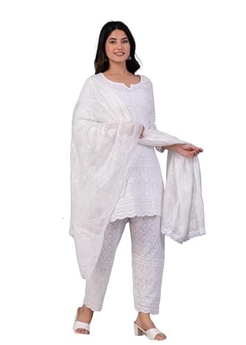 JG JAI GOVINDAM Indian Kurtis for Women Pakistani Salwar Kameez Suit Set Indian Dresses Chikankari White Kurti Pant & Dupatta Set (M)