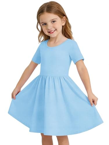 Haloumoning Toddler Baby Girl Short Sleeve Dress Kids Summer A-Line Twirly Skater T-Shirt Dresses with Pockets 8M-9Y Blue