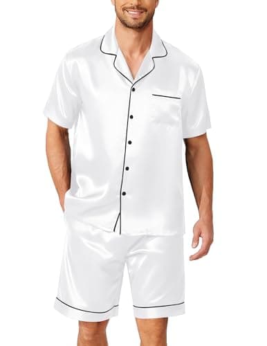 Ekouaer Mens Pjs Silk Pajamas Short Sleeve Lounge Top & Bottoms Drawstring Elastic Waist Set Loose Sleepwear,White,M