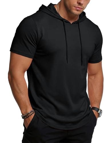 MAGCOMSEN Short Sleeve Hoodies for Men Workout Athletic Gym Moisture Wicking Sweatshirt Summer Hooded T Shirts Black