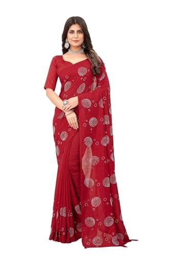 SWADESI STUFF Vichitra Silk Saree with Banglory Silk Blouse and Stunning Crystal Fix Embellishments - LATEST Wear for Women (Maroon)
