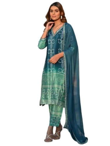 ONPEAK Designer Kurti Set for Women print with Embroidered Neck Partywear Suit with Pant and Printed Dupatta (US, Alpha, X-Large, Regular, Regular, Blue)