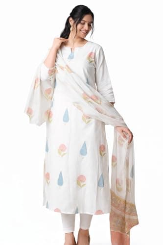 Vastra Verse Women's Cotton Printed 3/4 Sleeve V-Neck Straight Kurta With Palazzo & Dupatta Set(US, Alpha, Small, Regular, Regular)