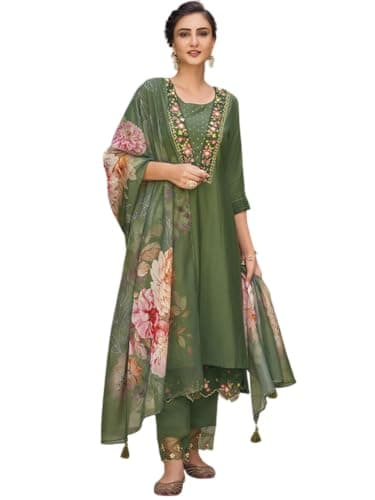 The Red Lion Enterprise women Anarkali Dress, Alia cut kurti pant and Dupatta 3pc set salwar suit (US, Alpha, X-Large, Regular, Regular, Mehndi Green)