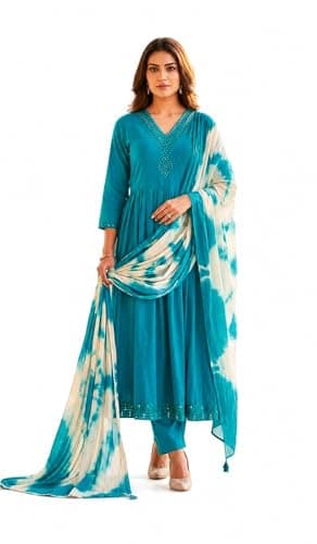 Women’s Anarkali Kurta Set with Dupatta | Embroidered Ethnic Gown Style Kurti with Pant for Festive & Party Wear (US, Alpha, X-Large, Regular, Regular, Sky Blue)