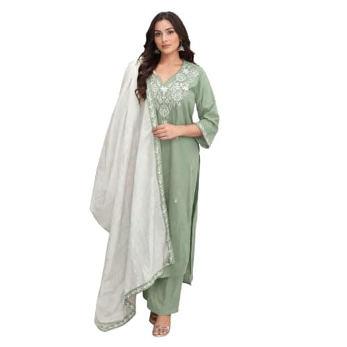 Women's Cotton Straight Kurta Pant Set with Dupatta | Embroidered Pista Green Ethnic Kurta Set for Festive & Traditional Wear | XX-Large
