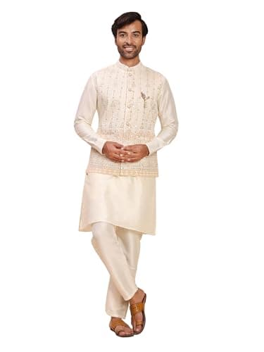 Pro-Ethic Style Developer Mens Heavy Cotton Silk Sequence Kurta Trouser Set With Waistcoat (Nehru Jacket) (C-124) Cream Small
