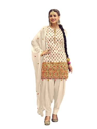 shopNstyle Ready to Wear Indian Pakistani Fashion Ethnic Wear Designer Girl Punjabi Salwar Kameez Patiala Suit for Women (White, M)