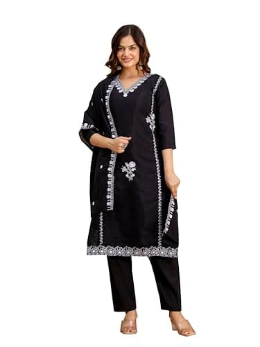 TRENDMALLS Women's Chanderi Embroidery Kurta Pant with Dupatta Set (G385-Black-XXL)