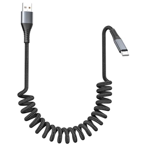 FOXSEA USB A to USB C Cable Coiled & Braided for iPhone 15-17 (1Pack, 1ft)