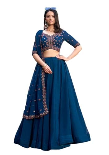Indya Blue Embroidered Georgette Lehenga Set With Dupatta – Georgette Embroidered for Festive | Indian Ethnic Wear