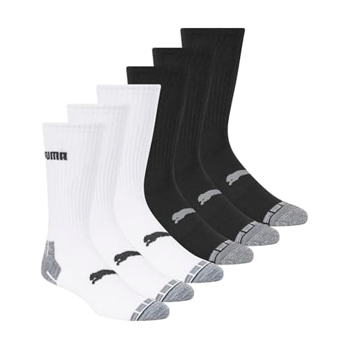 PUMA mens 6 Pack Crew running socks, White/Black/Grey, 13-15 US