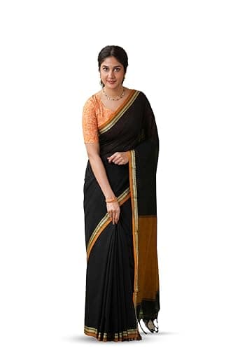 RAAGVARNAM Narayanpeth Mercerized Cotton Black Saree with Classic Contrast Border & Elegant Pallu | Soft Lightweight Traditional Cotton Saree for Women