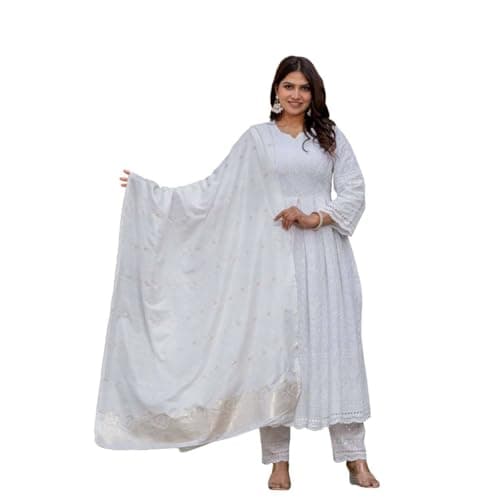 Rosarue Women’s Chikankari Anarkali Kurti Set – Cotton Hand Embroidered Pakistani Style Gown with Dupatta & Pants – Ethnic Dress (White, X-Large)