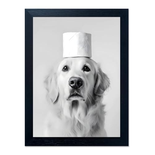 Funny Dog Bathroom Wall Art with Toilet Paper on Head, Humorous Farmhouse Sign for Bathroom Decor, Rustic Black Framed Canvas Print Picture for Restroom Toilet, Ready to Hang 11"x14"