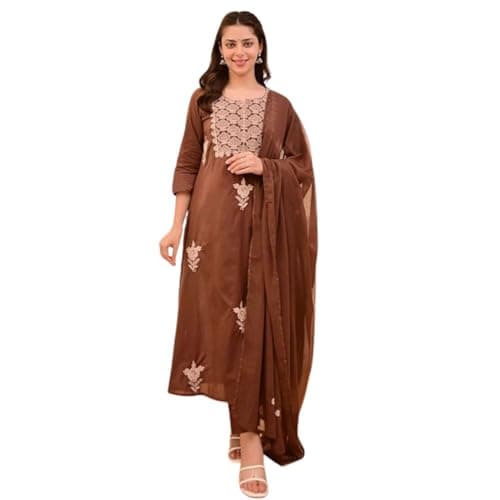 KIRAT Women's Embroidered Rayon Viscose Silk Kurta Pant Dupatta Set Straight Fit Ethnic Suit for Traditional Wear Brown X-Large