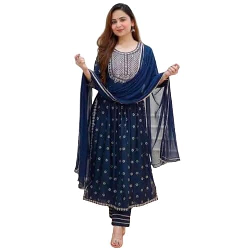 Kraphooli Women's Rayon Naira Cut Kurta Set Embroidered Printed Ethnic Suit with Dupatta | Blue, X-Large