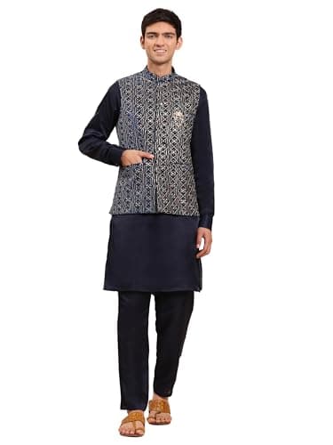 Pro-Ethic Style Developer Mens Indian Traditional Cotton Kurta Set With Velvet Jacket (Waistcoat) For Men (C-116) Blue XX Large